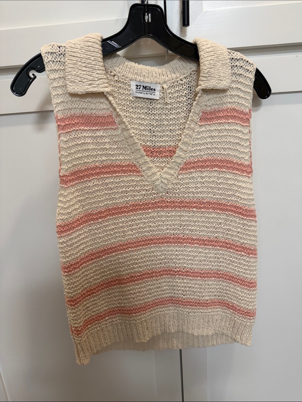 27 Miles Malibu Cream & Pink Striped V-Neck Sweater Vest
